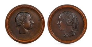 THOMAS WOOLNER (1825-1892), important pair of bronze portrait plaques of Dr Godfrey Howitt and Phoebe Howitt of Melbourne, circa 1853. Both signed "T. Woolner, Sc. 1853". Housed in original circular timber frames. The plaques approximately 23cm diameter, 27cm each overall.