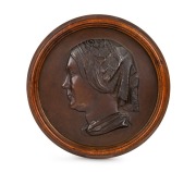 THOMAS WOOLNER (1825-1892), important pair of bronze portrait plaques of Dr Godfrey Howitt and Phoebe Howitt of Melbourne, circa 1853. Both signed "T. Woolner, Sc. 1853". Housed in original circular timber frames. The plaques approximately 23cm diameter, - 3