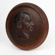 THOMAS WOOLNER (1825-1892), important pair of bronze portrait plaques of Dr Godfrey Howitt and Phoebe Howitt of Melbourne, circa 1853. Both signed "T. Woolner, Sc. 1853". Housed in original circular timber frames. The plaques approximately 23cm diameter, - 6
