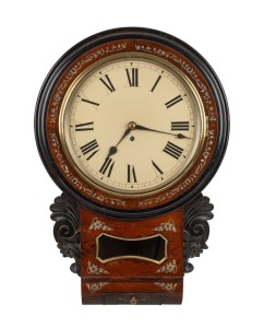 An antique English drop-dial wall clock in a rosewood case with mother of pearl inlay and ebonized highlights, 12' dial with Roman numerals, blued steel spade hands and cast brass bezel with silvered sight ring, time only movement, 19th century, 66cm high