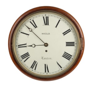 An antique English wall clock with time only chain fusee movement in mahogany case, dial marked "WHEELER, LONDON", 19th century, 36cm diameter