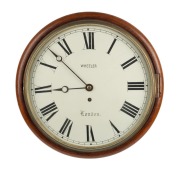 An antique English wall clock with time only chain fusee movement in mahogany case, dial marked "WHEELER, LONDON", 19th century, 36cm diameter