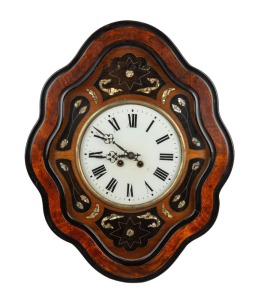 An antique French wall clock with ornate mother of pearl decorated case with ebonized highlights, eight-day time and strike movement with Roman numerals, 19th Century. 60cm high.