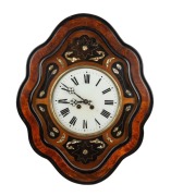 An antique French wall clock with ornate mother of pearl decorated case with ebonized highlights, eight-day time and strike movement with Roman numerals, 19th Century. 60cm high.