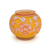 THOMAS WEBB stunning antique English three coloured cameo glass vase with trailing peony decoration, 19th century, 10cm high, 12cm wide