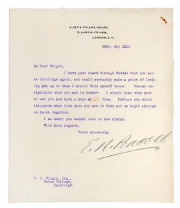 SIR CHARLES SEYMOUR WRIGHT (1887 - 1975) A May 1914 ALS from E.N. Peacock, on his Austin Friars House letterhead, suggesting that he would like to get together with Wright, then at Cambridge, asking when they can meet in Cambridge or London. Wright was a 