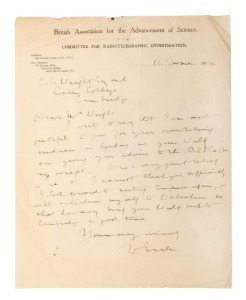 A June 1914 handwritten ALS from W. Eccles to Charles Wright at Cambridge; on British Association for the Advancement of Science. COMMITTEE FOR RADIOTELEGRAPHIC INVESTIGATION letterhead, thanking Wright for the loan of his Wulf Electrometer and promising 