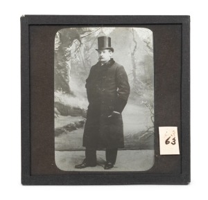 A magic lantern slide of FREDERICK DEEMING (Serial killer Jack-the-Ripper?), probably by Searle of Melbourne, circa 1890s; 82 x 82mm. Frederick Bailey Deeming (1853 – 1892) was an English-born Australian murderer. He was convicted and executed for the murder of a woman in Melbourne. He is remembered today because he was suspected by some of being the notorious serial killer, Jack the Ripper. An example of this image is held by the Victorian Police Museum.