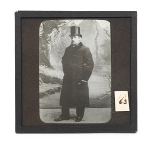 A magic lantern slide of FREDERICK DEEMING (Serial killer Jack-the-Ripper?), probably by Searle of Melbourne, circa 1890s; 82 x 82mm. Frederick Bailey Deeming (1853 – 1892) was an English-born Australian murderer. He was convicted and executed for the mur