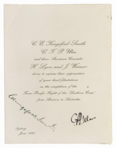 CHARLES KINGSFORD SMITH (1897-1935) & CHARLES ULM (1898-1934) original pen signatures on a June 1928 printed note, expressing their gratitude for the support they had received "on the completion of the Trans-Pacific Flight of the Southern Cross from Ameri