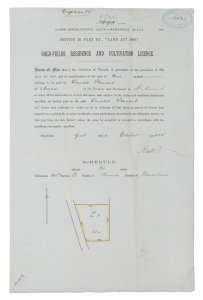 VICTORIAN GOLDFIELDS: An October 1885 "GOLD-FIELDS RESIDENCE AND CULTIVATION LICENCE" for 20 acres in the Parish of Koorch in the County of Gladstone, to be leased to DONALD STEWART of Avoca for £2 per annum.