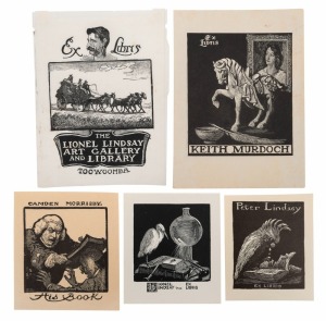 LIONEL LINDSAY: A group of five original bookplates designed by Lindsay for Keith Murdoch, The Lionel Lindsay Art Gallery and Library, Camden Morrisby, Peter Lindsay and Lionel Lindsay. (5).