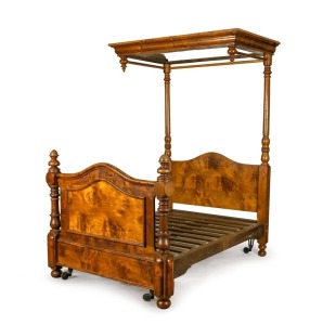 An impressive antique Colonial Australian half-tester double bed, crafted from solid huon pine with cedar rails and hardwood slats, Tasmanian origin, circa 1855, PROVENANCE: The Carl and Caressa Crouch collection, Mossgreen Auctions, 22nd February 2015.