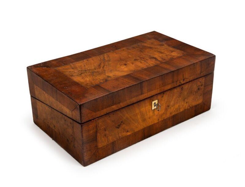 A rare Colonial Australian writing box, musk, cedar and fiddleback blackwood with whalebone escutcheon, interior fitted with fiddleback blackwood writing slope, compartments and green baize, Tasmanian origin, circa 1850, 15cm high, 39cm wide, 23cm deep