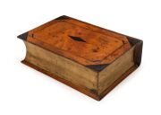 A stunning Colonial Australian book box of impressive proportions, fiddleback blackwood, huon pine, cedar and other timbers, interior fitted with lidded compartments, Tasmanian origin, circa 1840s, 11cm high, 35cm wide, 25cm, deep. PROVENANCE: Gowan's Auc - 2