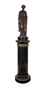 LARRY JEAN BAPTISTE antique French bronze statue of a classical figure with harp sitting on an antique ebonised pedestal with gilt mounts, 19th century, the statue 80cm high, 198cm high overall
