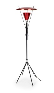 A vintage black metal and chrome standard lamp with red metal shade, mid 20th century, 150cm high