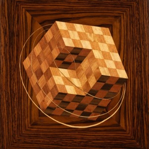 HENRY F. MORITZ, Floating Cube, marquetry timber panel, signed and titled verso with artist's label affixed, 63 x 63cm, 71 x 71cm overall