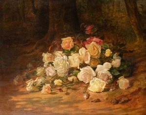 ARTIST UKNOWN, (roses in landscape), oil on board, signed lower left (illegible) and dated 1893, 52 x 66cm, 68 x 62cm overall