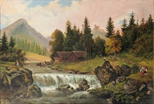 ARTIST UKNOWN, (European farm scene with waterfall and castle), oil on canvas, signed lower left "M. P., 1889" 59 x 73cm, 59 x 83cm overall