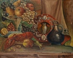 A. KATTERMAN, i.) (still life with lobster), ii.)&nbsp;(still life with fruit), oil on canvas, signed lower left "A. Katterman", 47 x 59cm, 63 x 75cm each overall
