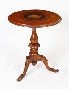 An antique English carved walnut wine table with circular floral marquetry top, 19th century, 69cm high, 57cm diameter