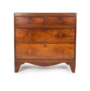 An antique English caddy top mahogany chest of four drawers with cross-banded and string inlaid top, shaped apron and bracket feet, (note: missing knobs), circa 1820, 86cm high, 87cm wide, 46cm deep