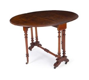 An antique English walnut Sutherland table, quarter book matched burr walnut veneered top with turned support base, stretcher rail and gate-leg action, circa 1890, 70cm high, 98cm wide (extended), 86cm deep