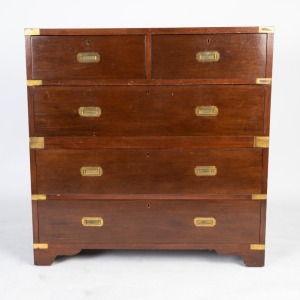 A reproduction campaign style chest, sadly in poor condition with peeling veneer and losses, late 20th century, ​​​​​​​100cm high, 99cm wide, 46cm deep