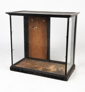 An antique ebonised timber benchtop shop display cabinet with sliding doors, 19th century, 67cm high, 71cm wide, 38cm deep