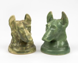 MELROSE WARE two green glazed pottery dog bookends, stamped "Melrose Ware, Australian", 14cm high