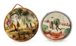 ARTHUR MERRIC BOYD and NEIL DOUGLAS pottery plaque with Aboriginal hunters in landscape and a pottery bowl with Aboriginal figures hunting kangaroo, both signed "Neil Douglas", 11.5cm and 10cm diameter