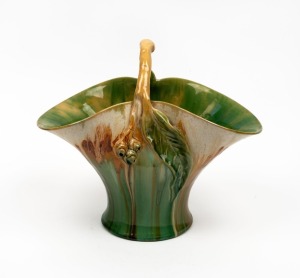 REMUED green glazed pottery basket vase with applied gumnuts and leaf, incised "Remued 194/12M" 26cm high, 30cm wide