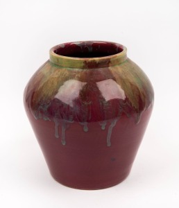 REMUED pottery vase with impressive early pink and yellow glaze, incised "Remued", 19.5cm high