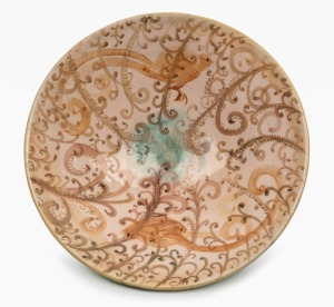 ARTHUR MERRIC BOYD & JOHN PERCEVAL pottery bowl with hand-painted birds and ferns, incised "A M B", 7.5cm high, 28cm diameter