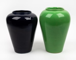 BENDIGO blue glazed pottery mantle vase, together with an apple green glazed pottery vase, both with impressed mark "Bendigo Pottery", 24cm & 26cm high