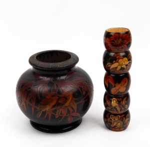 A vintage pokerwork vase with kookaburra decoration, together with a set of five pokerwork napkin rings, circa 1930, (6 items), the vase 13cm high