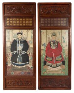 A set of three antique Chinese ancestor portrait paintings housed in later carved timber frames, 20th century, 160 x 60cm each overall