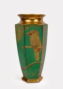 MAY BROOKES impressive green and gilt hand-painted ceramic vase, adorned with kookaburra and frill neck lizard, signed "M. Brookes", painted on French porcelain blank, 38.5cm high - 2