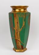 MAY BROOKES impressive green and gilt hand-painted ceramic vase, adorned with kookaburra and frill neck lizard, signed "M. Brookes", painted on French porcelain blank, 38.5cm high - 3