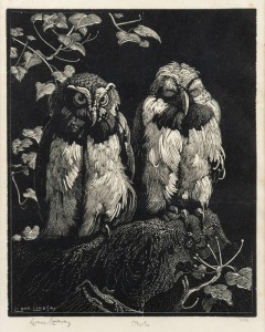 LIONEL ARTHUR LINDSAY (1874-1961), Owls, woodblock print, ​​​​​​​signed and titled in the lower margin, 17 x 14cm, 30 x 25cm overall