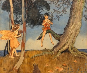 IDA RENTOUL OUTHWAITE (1888-1960), (Fairy Watching a Boy Playing a Flute), watercolour and ink on paper, signed lower left "Ida Rentoul Outhwaite",  29 x 34cm, 51 x 56cm overall