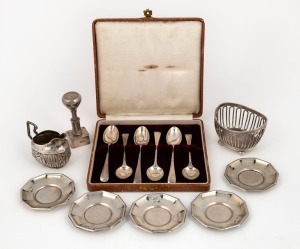 A German 800 silver cream jug, set of six 800 silver dishes, a sterling silver basket, a set of six sterling silver teaspoons and a sterling silver stamp press, 19th and 20th century, (15 items), 285 grams total