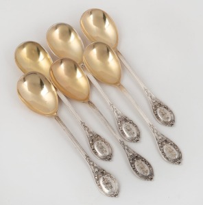 Set of six German silver ice cream spoons, by H. Meyen & Co. early 20th century, crown and crescent 800 mark, 14.5cm long, 146 grams total