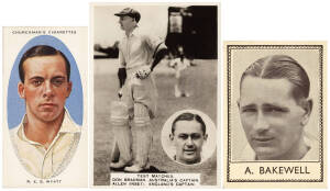 1936-38 cricket cards, noted 1936 Churchman "Cricketers" [50]; 1936-38 Ardath "Photocards" [31 cricket subjects]; 1937 Barratt "Famous Cricketers" [2/60]; 1938 Barratt "Famous Cricketers" [11/40]. Mainly G/VG.