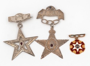 A 9ct gold and enamel Masonic medal (10.9 grams), together with two silver "I.O.O.F." Masonic medals, both set with red stones, (3 items)