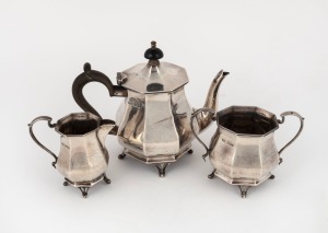 An antique English three piece sterling silver bachelor's tea service by Roberts & Belk of Sheffield, circa 1910, the teapot 13cm high, 642 grams total including handle