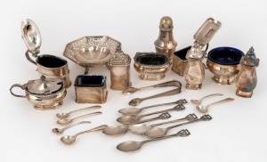 Assorted sterling silver condiments pepper pots, salt cellars, spoons, tongs etc., 20th century, (24 items), 515 grams total (not including liners)