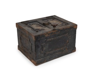 An antique iron strongbox, (locked), 19th century. Purported to be ex Cobb & Co. 29cm high, 40cm wide, 33cm deep