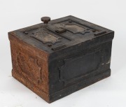 An antique iron strongbox, (locked), 19th century. Purported to be ex Cobb & Co. 29cm high, 40cm wide, 33cm deep - 2
